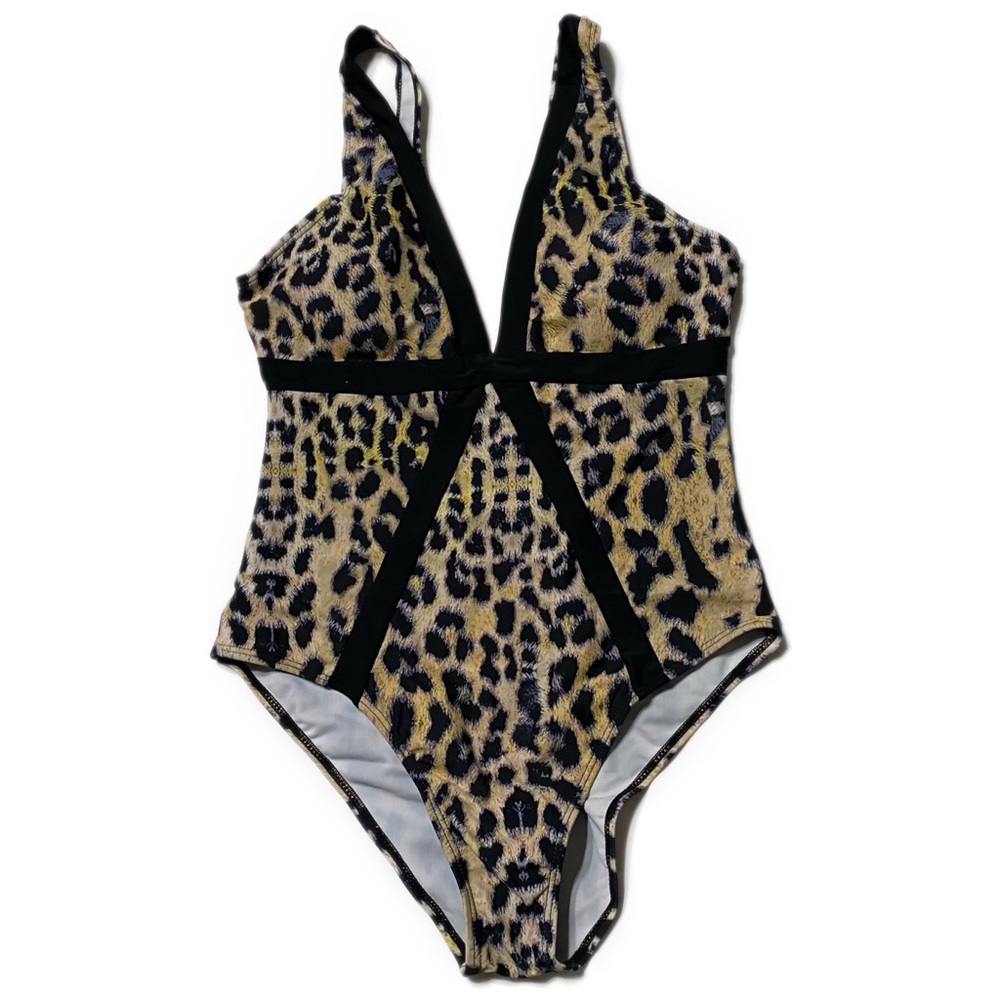 Sexy Boutique Leopard Print One-Piece Bathing Suit with Black Detail Medium